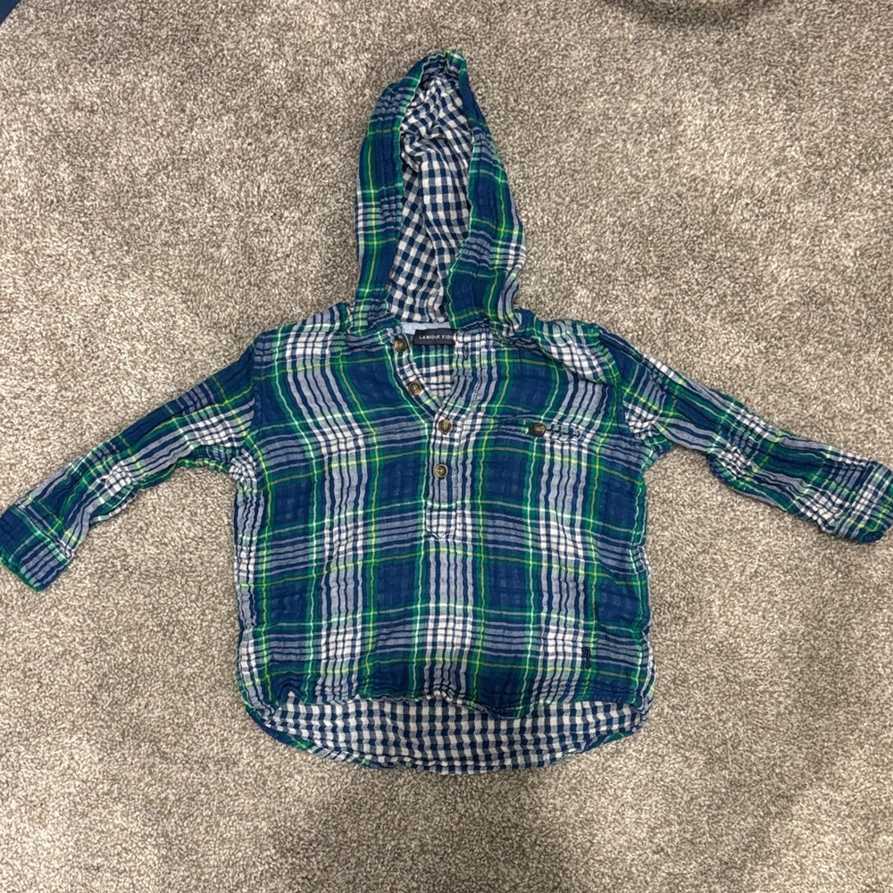 Plaid Hooded Kids Shirt in Green and Blue 2T